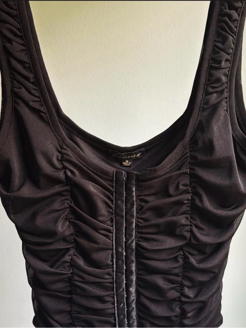 Shinestar Black Ruched Front Hook Tank